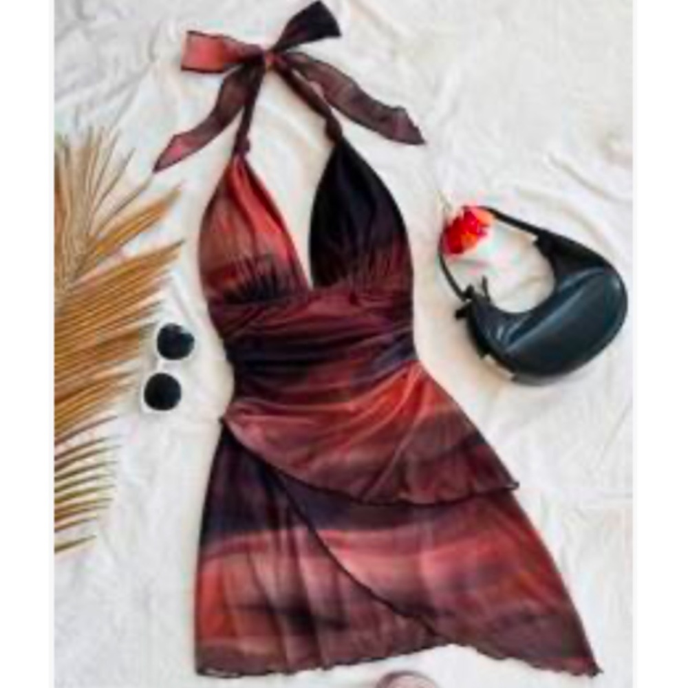 SHEIN Sheer Brown Marble Halter Dress Trendy Sexy Beach Vacation